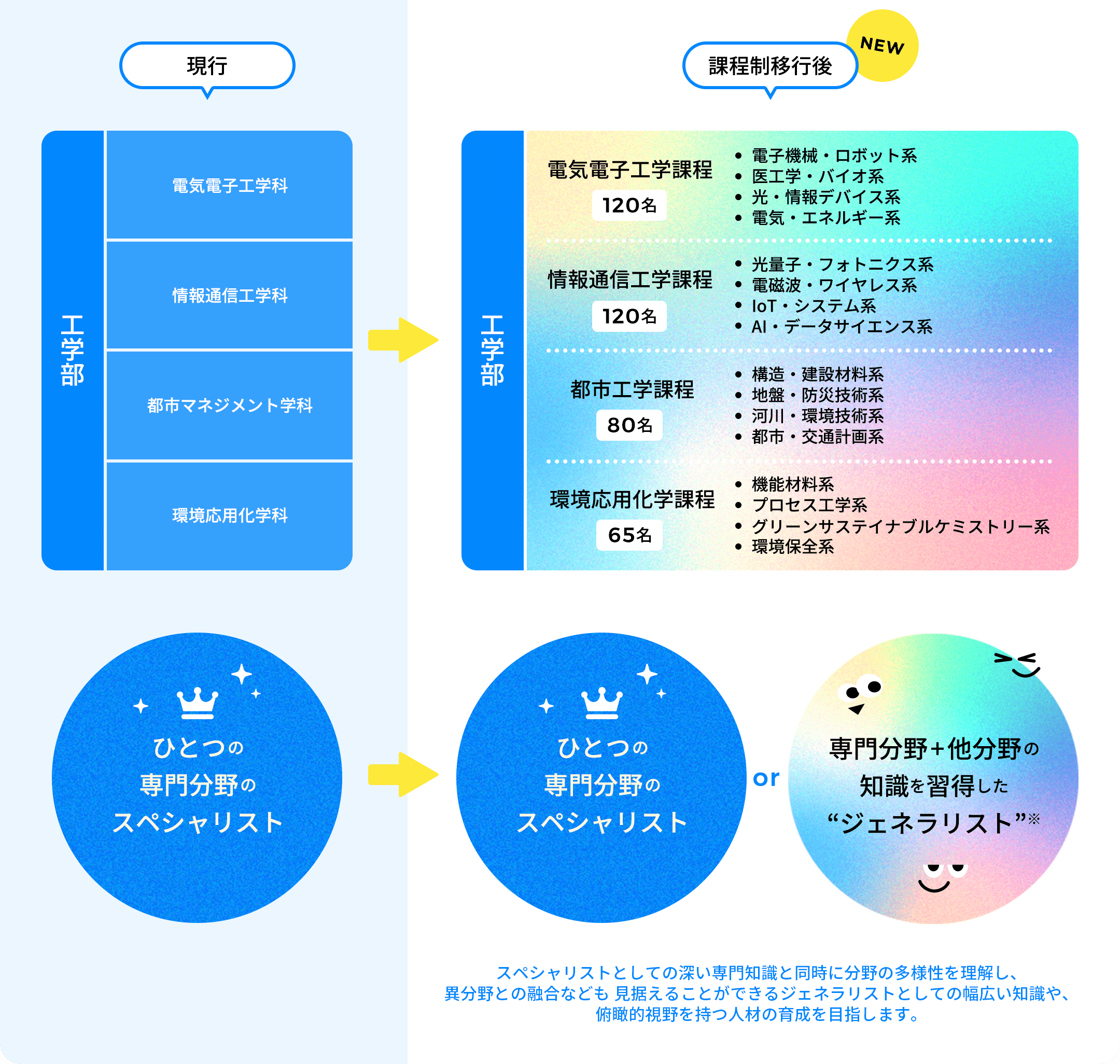 スペシャリストとしての深い専門知識と同時に分野の多様性を理解し、異分野との融合なども 見据えることができるジェネラリストとしての幅広い知識や、俯瞰的視野を持つ人材の育成を目指します。